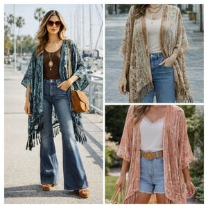 1-0312 *Boutique* 70s Mesh Velvet Burnout Fringe Tassel Kimono Coverup